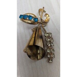 Vintage Gold Tone Floral Brooch Calla Lily Design Clear & Blue Rhinestones